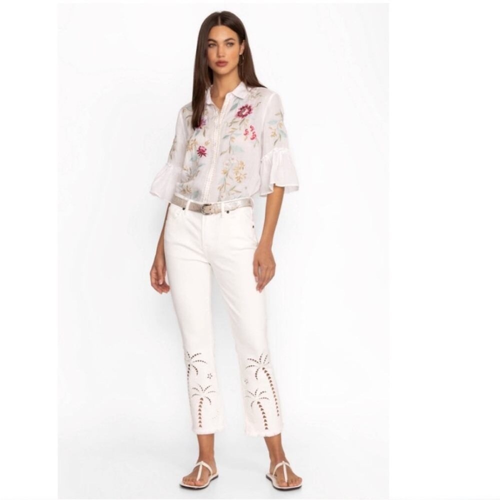 NWT Johnny Was White Embroidered Paradise Palm Jeans Sz 25